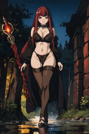 (Masterpiece, Best Quality, Anime girl, High Resolution, 8K Raw), beautiful and detailed face , Smiling, Looking At Viewer, Full Body, Light, 1 Girl, Solo,  (black lingerie ), Beautiful Young Girl, 18 Years Old, (Long Hair, Red Hair, Bangs:1.3), Big Breasts, ((black undear)), girl with a magic staff walking next a river, mature_female