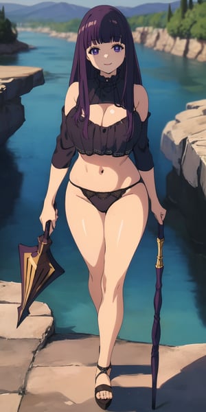 (Masterpiece, Best Quality, Anime girl, High Resolution, 8K Raw), Smiling, Looking At Viewer, Full Body, Light, 1 Girl, Solo,  (black lingerie ),( black underwear), Beautiful Young Girl, 18 Years Old, (Long Hair, Purple Hair, Bangs:1.3), Big Breasts, ((black undear)), girl with a magic staff walking next a river, mature_female