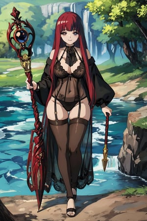 (Masterpiece, Best Quality, Anime girl, High Resolution, 8K Raw), beautiful and detailed face , Smiling, Looking At Viewer, Full Body, Light, 1 Girl, Solo,  (black lingerie ), Beautiful Young Girl, 18 Years Old, (Long Hair, Red Hair, Bangs:1.3), Big Breasts, ((black undear)), girl with a magic staff walking next a river, mature_female