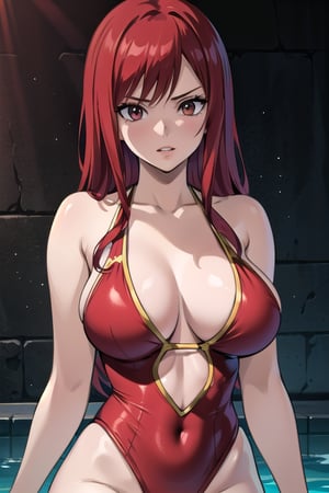 masterpiece, absurdres , (intricate details), cinematic lighting,bust shot,extremely detailed CG unity 8k wallpaper, erza scarlet, red hair, one-piece swimsuit, sunlight, parted lips, looking at viewer, dynamic pose