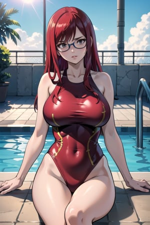 masterpiece, absurdres , (intricate details), cinematic lighting,bust shot,extremely detailed CG unity 8k wallpaper, erza scarlet, red hair, one-piece swimsuit, sunlight, parted lips, looking at viewer, poolside, leaning back, arm support,sun glasses