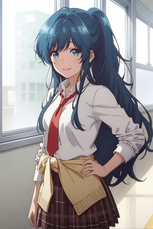 ((best quality)), ((highly detailed)), masterpiece, absurdres, detailed face, beautiful face, (detailed eyes, deep eyes),

1girl, ((dynamic pose)), Minami, solo, necktie, clothes around waist, school uniform, long hair, blue eyes, skirt, ponytail, blue hair, very long hair, closed mouth, brown skirt, bangs, sweater around waist, shirt, looking at viewer, plaid skirt, red necktie, plaid, white shirt, sleeves rolled up, jacket around waist, pleated skirt, light smile,

class_room, indoors,

cowboy shot, standing, anime style, from side, looking at viewer, model sexy pose,
