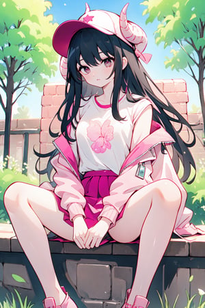 ( masterpiece )( high resolution :1.3 ) (best quality) ( character ) Long black hair, loose pink t-shirt,, wearing a pink white jacket,, pink skirt,, medium breasts, shy face, pink loose t-shirt, , black eyes, tall woman,, wearing a pink trucker hat, pink horns,horns on a pink hat, slightly flushed cheeks,, (background) (high resolution: 1.3) (best quality) (background),, wall,, daylight ,, there are stars , , and trees ,,(character pose),,sitting character pose,,(character expression),,looking down,shy,
pink streaks in hair
