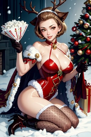 masterpiece, best quality, xmasManuela, christmas, ribbon, red collar, fake antlers, fake animal ears, cape, fur trim, red leotard, brown gloves, fishnets, boots, snow, christmas tree, presents, seiza, looking at viewer, large breasts, smile,defManuela