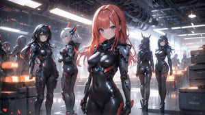 masterpiece, ultra detailed, HDR, 8K, beautiful sexy girl, 5girls, red hair, naked, midjourney, perfect breasts, extreme long hair, braided hair, black face paint, red eyes, floating hair, midjourney, mecha musume, High detailed, perfect body, perfect hands, cowboy shot, full body, dutch angle, space hangar, crates, robots, mechas, soldiers, ligjt smile,