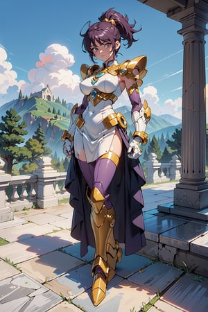 A woman, wearing gold armor+robotic suit, extremely large breasts, purple hair, short hair, hair with ponytail, hair with bangs covering the eye, helmet on the head, (((staring at the viewer, pose interacting and leaning [on something|on an object]))), in an ancient Greek temple in the mountains, with various alters, structures, marble statues, beautiful landscape, ((full body):1.5), 16k, UHD, best possible quality, ultra detailed, best possible resolution, Unreal Engine 5, professional photography, well-detailed fingers, well-detailed hand, perfect_hands, ((saint seiya style, mecha style)), action pose,

prado verde con flores y arboles al fondo junto a un castillo en una montaña, cielo despejado con pocas nubes y soleado,leoarmor