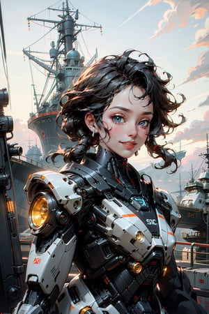 Sci-Fi , 1 pretty cyborg Girl with cheeky grin . Weather is clear almost sunset  . Background has sports car and 2 floating ships ,{(little robot)}, {(solo)}, upper body , {(complex, Machine background ,futuristic car and floating ships outdoors background, Mecha Transport parts)}