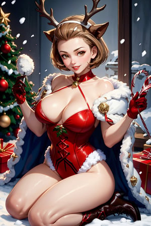 masterpiece, best quality, xmasManuela, christmas, ribbon, red collar, fake antlers, fake animal ears, cape, fur trim, red leotard, brown gloves, fishnets, boots, snow, christmas tree, presents, seiza, looking at viewer, large breasts, smile,defManuela