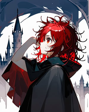 score_9, score_8_up, score_7_up, dark theme, spiky hair, messy hair, crimson hair, two tone hair, red hair, ruby eyes, pale skin, dark cloak, dark, dark castle, 1girl, from side, chin up, centered, one arm raised,
,more detail XL, dusk (arknights)