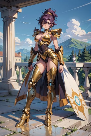 A girl, wearing gold armor+robotic suit, extremely large breasts, purple hair, short hair, hair with ponytail, hair with bangs covering the eye, no helmet on the head, (((staring at the viewer, pose interacting and leaning [on something| on an object]))), in an ancient Greek temple in the mountains, with various alters, structures, marble statues, beautiful landscape, ((full body):1.5), 16k, UHD, best possible quality, ultra detailed, best possible resolution, Unreal Engine 5, professional photography, well-detailed fingers, well-detailed hand, perfect_hands, ((saint seiya style, mecha style)), action pose, sexy,
prado verde con flores y arboles al fondo junto a un castillo en una montaña, cielo despejado con pocas nubes y soleado,leoarmor