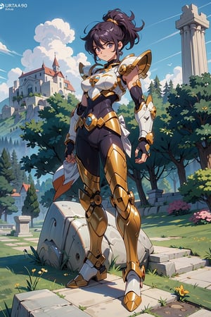 A woman, wearing gold armor+robotic suit, extremely large breasts, purple hair, short hair, hair with ponytail, hair with bangs covering the eye, helmet on the head, (((staring at the viewer, pose interacting and leaning [on something|on an object]))), in an ancient Greek temple in the mountains, with various alters, structures, marble statues, beautiful landscape, ((full body):1.5), 16k, UHD, best possible quality, ultra detailed, best possible resolution, Unreal Engine 5, professional photography, well-detailed fingers, well-detailed hand, perfect_hands, ((saint seiya style, mecha style)), action pose,

prado verde con flores y arboles al fondo junto a un castillo en una montaña, cielo despejado con pocas nubes y soleado,leoarmor