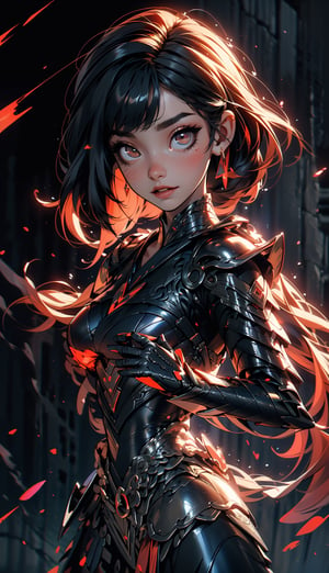 ((Masterpiece, best quality, ultra-detailed, best shadow, Unreal Engine 5)), (detailed background), (pretty face), one female vampire, dark red eyes, long black hair, bangs, hair_past_waist, perfect figure, perfect fit body, perfect eyelashes, ((dragon armor)), warrior, facing_viewer