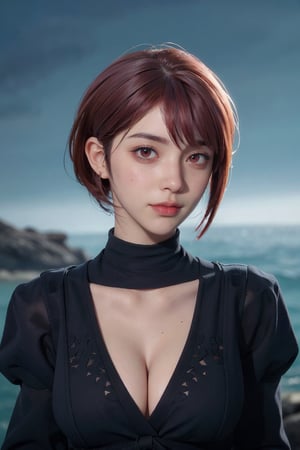 1girl, red eyes, (hi-top fade:1.3), dark theme, muted colors, high contrast, (natural skin texture, hyperrealism, soft light, sharp), yorha no. 2 type b,, red bob hair, multicolored_hair, visible cleavage, full_body, semi_nude, freckles, 
