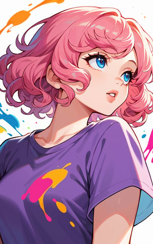 score_9,score_8_up,score_7_up, 1girl, short hair, blue eyes, pink hair, shirt, upper body, parted lips, lips, looking up, curly hair, purple shirt, colorful, paint splatter