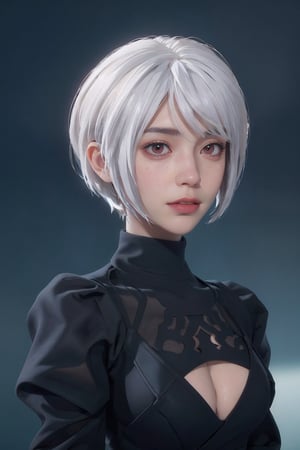 1girl, red eyes, (hi-top fade:1.3), dark theme, muted colors, high contrast, (natural skin texture, hyperrealism, soft light, sharp), yorha no. 2 type b,, red bob hair, multicolored hair, visible cleavage, full body, semi nude, freckles, looking at viewer, white hair,