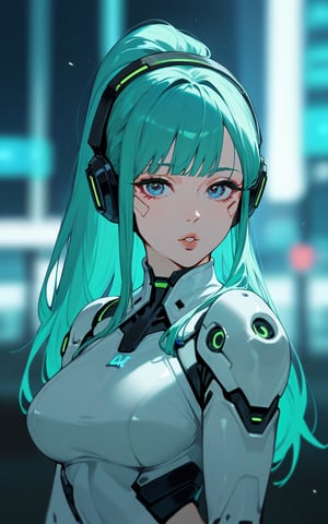 score_9,score_8_up,score_7_up, 1girl,long hair,looking at viewer,blue eyes,upper body,ponytail,parted lips,green hair,armor,lips,aqua hair,makeup,depth of field,blurry background,headphones,science fiction,cyborg,neon trim,cyberpunk