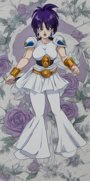 Bulma - (Dragon Ball), ova, fundo, cabelo roxo, lábios, colar, (vestido sem mangas, vestido branco) parte superior do corpo, sério, cajado, joias Atena (Saint Seiya) Saori kido_saori, purple_hair, , white_dress, (fundo simples, fundo branco),mdjrny-pprct