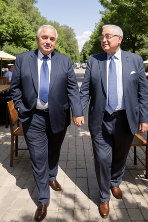 portrait of two old men, holding hands, one shorter than the other, the shorter one is chubby, dressed in suits, in a cafe, summer sky, projected shadow