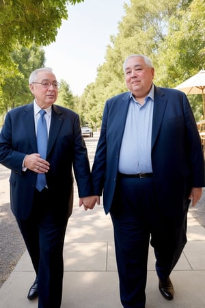 portrait of two old men, holding hands, one shorter than the other, one fat, dressed in suits, in a cafe, summer sky, drop shadow