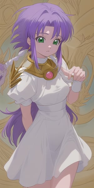 Bulma - (Dragon Ball), ova, fundo, cabelo roxo, lábios, colar, (vestido sem mangas, vestido branco) parte superior do corpo, sério, cajado, joias Atena (Saint Seiya) Saori kido_saori, purple_hair, , white_dress, (fundo simples, fundo branco),mdjrny-pprct