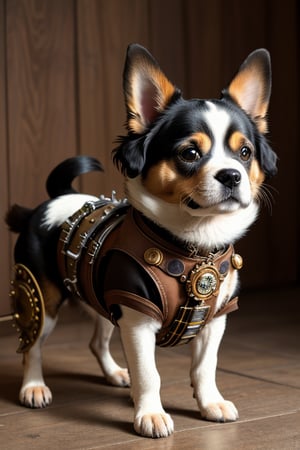 cachorro estilo steampunk, meio mecanico e meio biologico, com armas e engrenagens