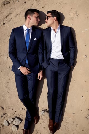 portrait of two men kissing, dressed in suits, on a plateau, summer sky, projected shadow