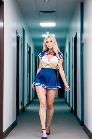 portrait of woman in her 20s, dressed in sailor moon cosplay, full body, long blonde hair, full breasts, thin waist, walking down hallway at night, drop shadow