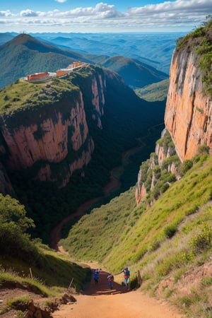 Montanhas de Minas Gerais, com crianças brincando no campo,(papel de parede 8k de unidade CG extremamente detalhado), obras de arte mais bonitas do mundo, pintura a óleo majestosa profissional, intrincada, alto detalhe, foco nítido, arte de pintura dramática e fotorrealista