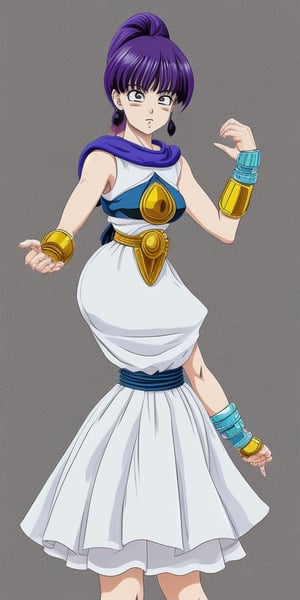 Bulma - (Dragon Ball), ova, fundo, cabelo roxo, lábios, colar, (vestido sem mangas, vestido branco) parte superior do corpo, sério, cajado, joias Atena (Saint Seiya) Saori kido_saori, purple_hair, , white_dress, (fundo simples, fundo branco),mdjrny-pprct