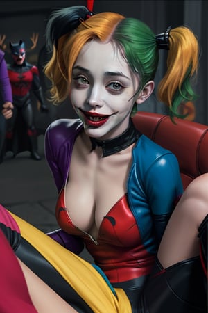 Harley Quinn being raped by the Joker while Batman and Robin look on enjoying and masturbating