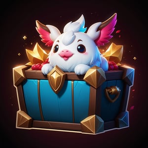 Create a logo in the style of League of Legends, incorporating a Poro chest as a central element. The design should reflect the colorful and dynamic aesthetics of the game while prominently featuring the Poro chest, known for its cuteness and charm. The logo should capture the essence of adventure and treasure, drawing inspiration from the League of Legends universe.