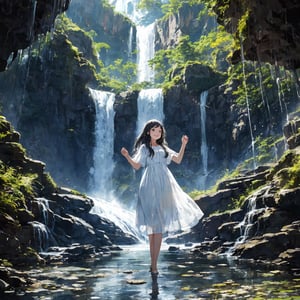 waterfall
beautiful girl
happy, clear