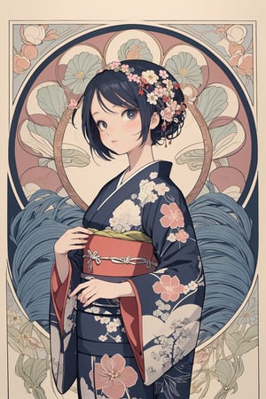 Art Nouveau style girl surrounded by intricate floral patterns and elegant designs
A young girl dressed in a traditional Japanese kimono, 