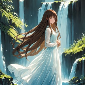 waterfall, beautiful girl , clear white dress, long hair , brown hair