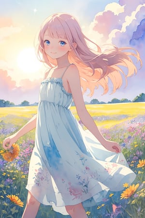 Watercolor illustration of a dreamy girl in a sundress, walking in a field of wildflowers at sunsetAnime-style portrait of a teenage girl with sparkling blue eyes and a gentle smile,