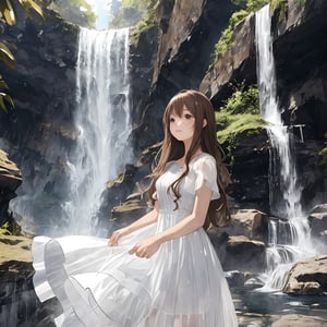 waterfall
beautiful girl
happy, clear
white dress,
longhair ,
brown hair