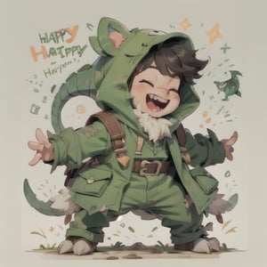 5 year old boy, short fur, emerald green color, wears green overalls with dinosaur print and hood resembling a dinosaur head: 1.5, Happy, Happy, character design, character design, character concept, ( front , back, side poses), Charturbetalora
