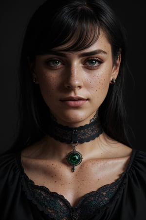 photo, rule of thirds, dramatic lighting, medium hair, detailed face, detailed nose, woman black hair, blue-green eyes, wearing blouse, freckles, collar or choker, smirk, tattoo, intricate background ,realism,realistic,raw,analog,woman,portrait