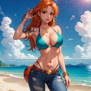 nami \(one piece\), 1girl, bangle, bangs, bare shoulders, belt, bikini, bikini top only, blue sky, bracelet, breasts, brown eyes, bubble, cleavage, cloud, cowboy shot, day, denim, earrings, floating hair, green belt, green bikini, jeans, jewelry, large breasts, log pose, long hair, looking at viewer, navel, orange hair, pants, shoulder tattoo, sidelocks, sky, smile, solo, standing, swimsuit, tattoo , ((masterpiece)) 
