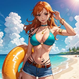 nami \(one piece\), 1girl, bangle, bangs, bare shoulders, belt, bikini, bikini top only, blue sky, bracelet, breasts, brown eyes, bubble, cleavage, cloud, cowboy shot, day, denim, earrings, floating hair, green belt, green bikini, jeans, jewelry, large breasts, log pose, long hair, looking at viewer, navel, orange hair, pants, shoulder tattoo, sidelocks, sky, smile, solo, standing, swimsuit, tattoo , ((masterpiece)) 
