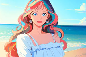 (masterpiece modern, best quality, day:1.4), whole body, long shot, peach skin, mature female, looking at viewer, colorful hair, long hair, blue eyes, white dress, beach background, sunny day,Anitoon, portrait, rgbcolor,