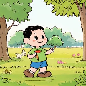 boy,happy, black eyes, grass field, trees in background, hand draw,



,cute comic,chibi avatar