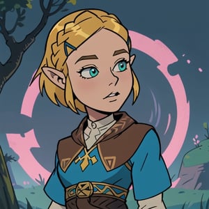 Anime artwork of princess Zelda  stunning beautiful artwork, Breath of the Wild, 8k,blonde, 
,toon,zeldaBotW,cartoon, nose, 
masterpiece, best_quality, 1girl, solo, princess zelda, nintendo, the legend of zelda, botw, totk, short hair, capelet, 
