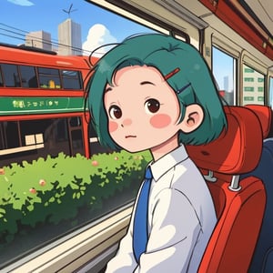 (best quality),masterpiece,girl, ,SAM YANG,STICKERS ,chibi avatar, headhoes, bus, sitting  the bus, window,city,sunset,{{ green hair}}, hair clip, short hair, shoulder hair,  bust shot, red eyes, highlight o eyes, colored hair, small nose, rose cheeks, expressive eyebrowns, formal shirt, tie, city pass the window,looking at window,side view face, white formal shirt, blue tie, red seat, completely peacefull, soft smile