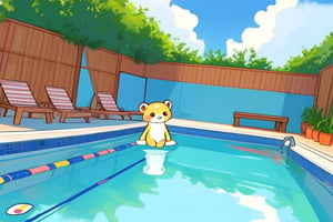 chibi vatar,cutestickers,relaxing,piscina,bikini,cozy,lofi, full view,landscape,background