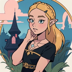 Anime artwork of princess Zelda in a detailed intricate pink and black dress, stunning beautiful artwork, Breath of the Wild, 8k,blonde, 
,toon,zeldaBotW,cartoon, nose, 