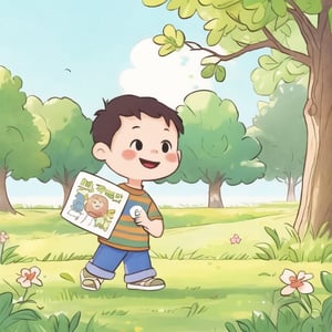 boy,happy, black eyes, grass field, trees in background, hand draw,



,cute comic,chibi avatar