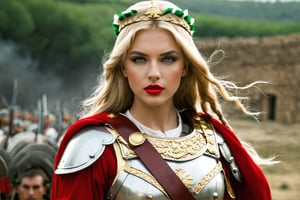 (roman girl soldier), makeup, perfect skin, red lipstick, green eyes, very long hair, (blonde),roman clothes, war