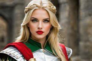 (roman girl soldier), makeup, perfect skin, red lipstick, green eyes, very long hair, (blonde),roman clothes