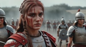 roman legionnaire, detailed armor, blood, battlefield, cinematic scene, cinema filter, (16 year old female legionnaire), makeup, long hair